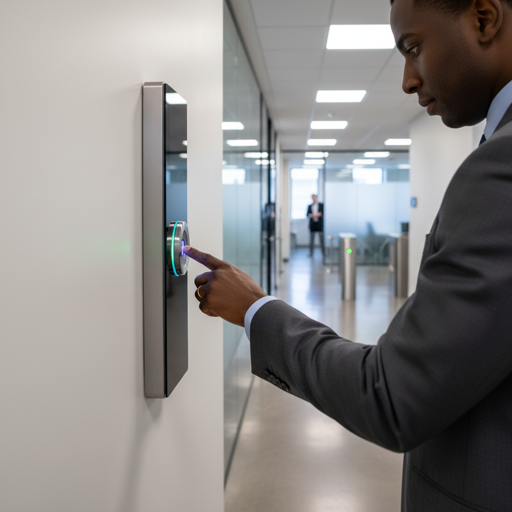 Biometric access control reader being installed at office gate entrance, Kenyan commercial building