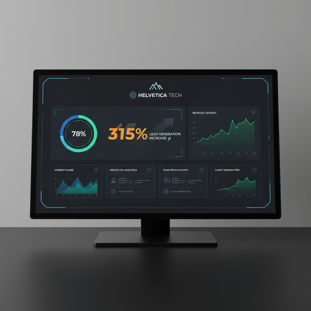 Data analytics dashboard on computer screen, charts and graphs showing government accountability metrics, dark office setting