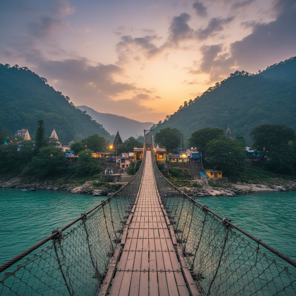 Laxman Jhula suspension bridge over Ganges river in Rishikesh at sunset with temples