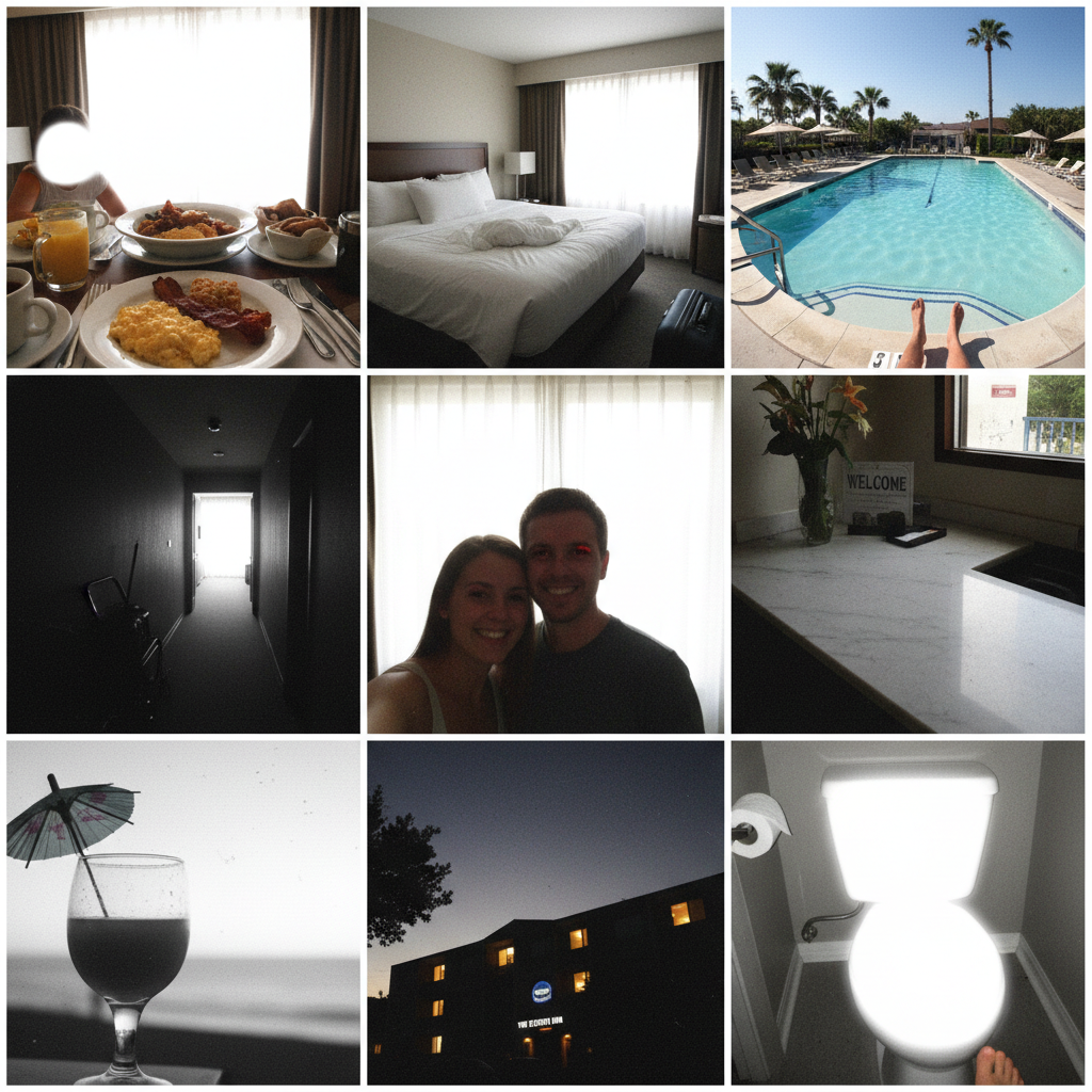 Amateur hotel Instagram grid with blown-out whites and awkward crops