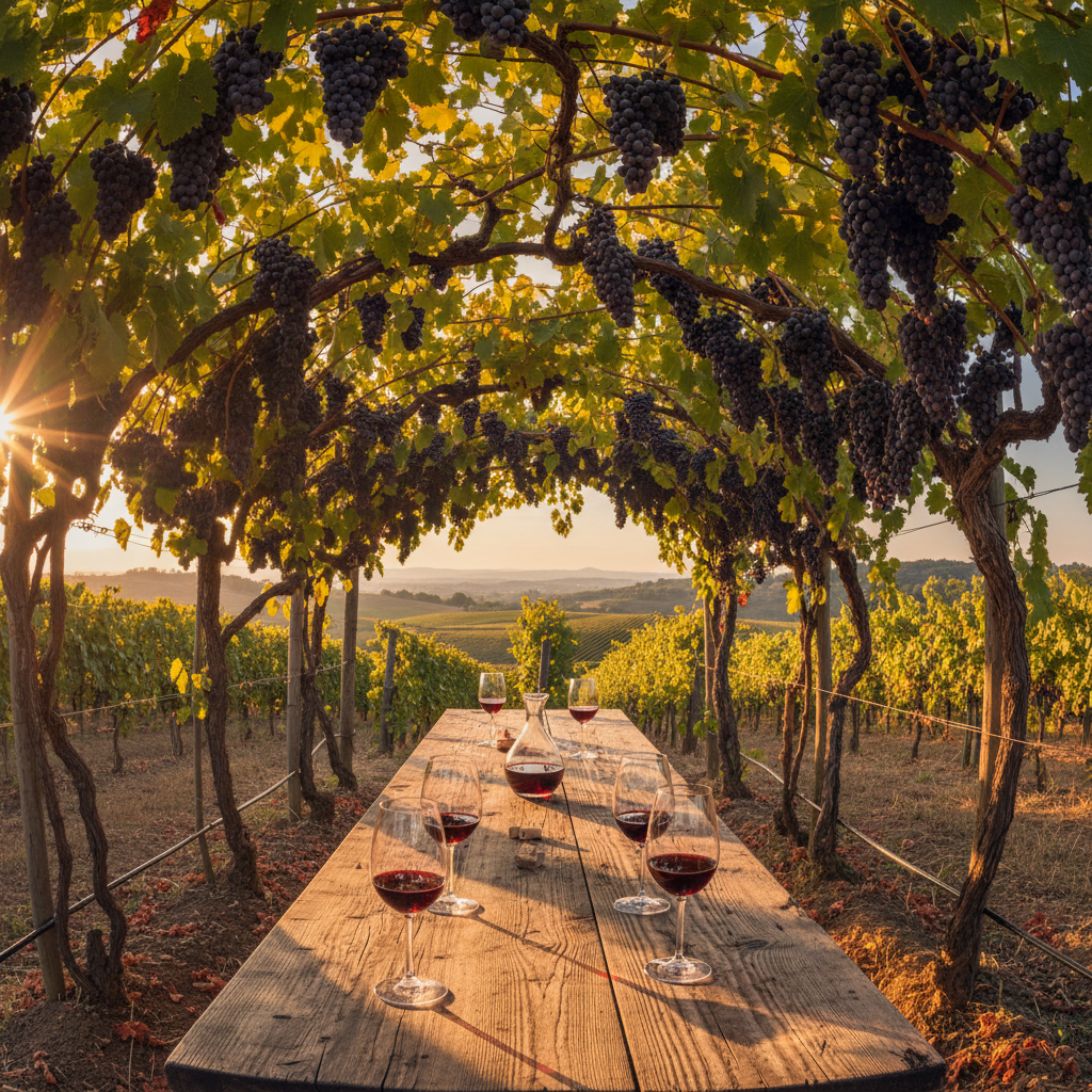 Golden-hour vineyard canopy with rows of old-vine Grenache framing a wooden tasting table with four poured glasses catching afternoon light
