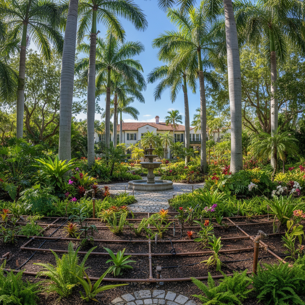 Lush tropical estate garden in Coconut Grove with royal palms and irrigation system visible