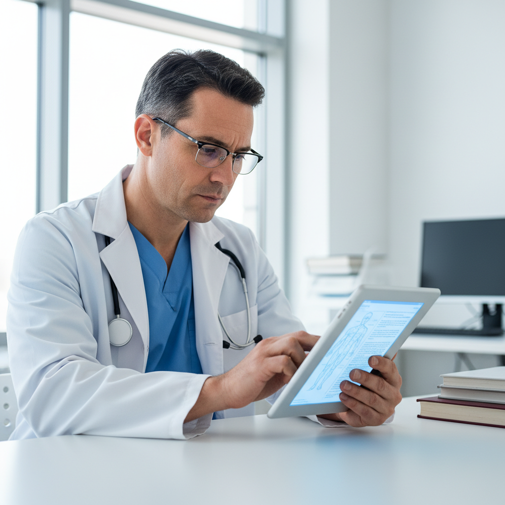 Doctor reading positive patient reviews on a tablet, representing healthcare reputation management