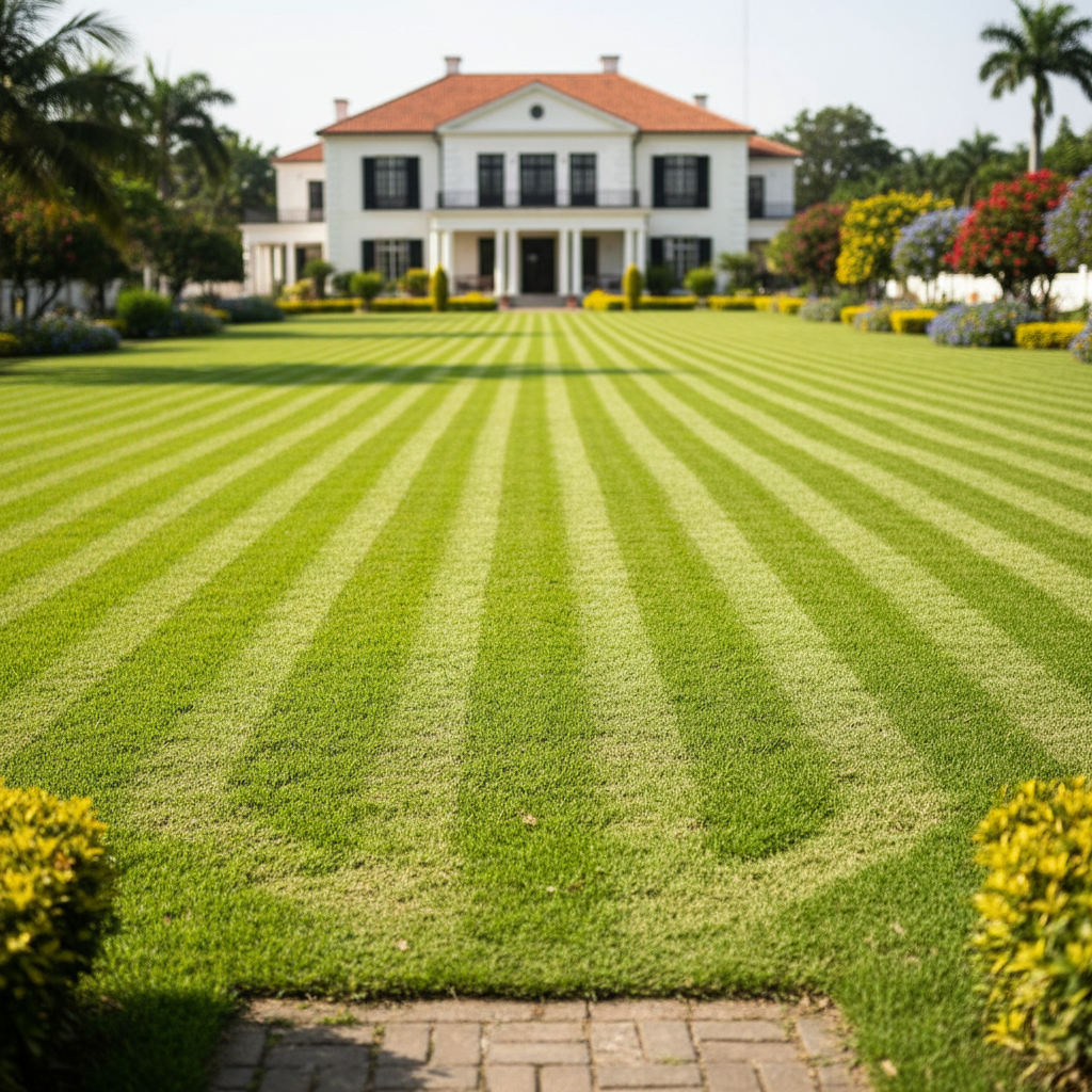Freshly striped Lagos compound lawn with diagonal mow lines and white colonial mansion blurred in background
