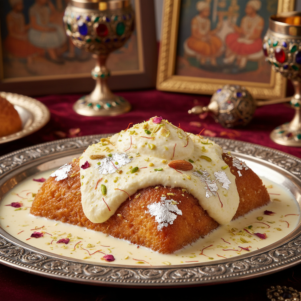 Shahi Tukda — Royal bread pudding dipped in saffron-rose milk, t