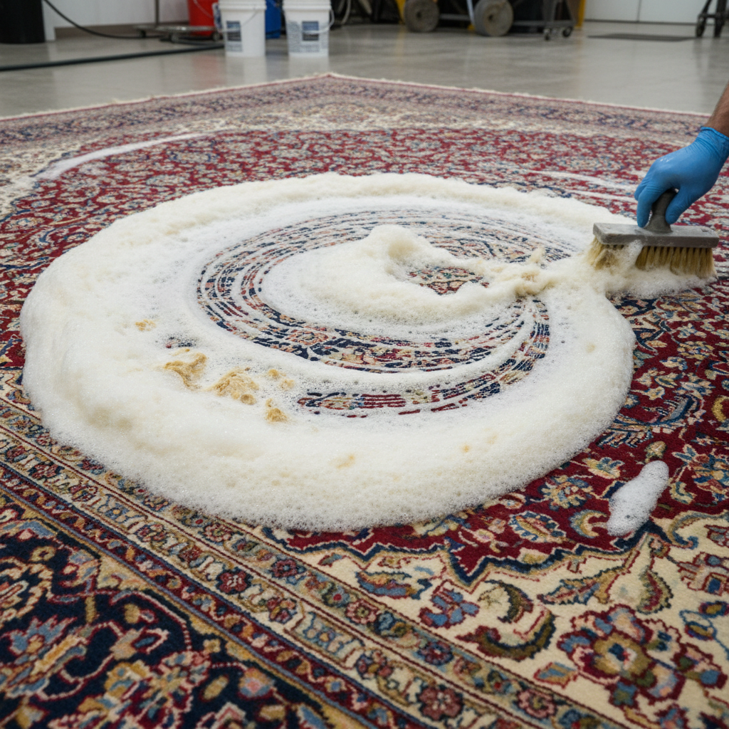 Enzyme soak process — solution applied to stained Isfahan field, foam lifting nicotine residue from wool fibres