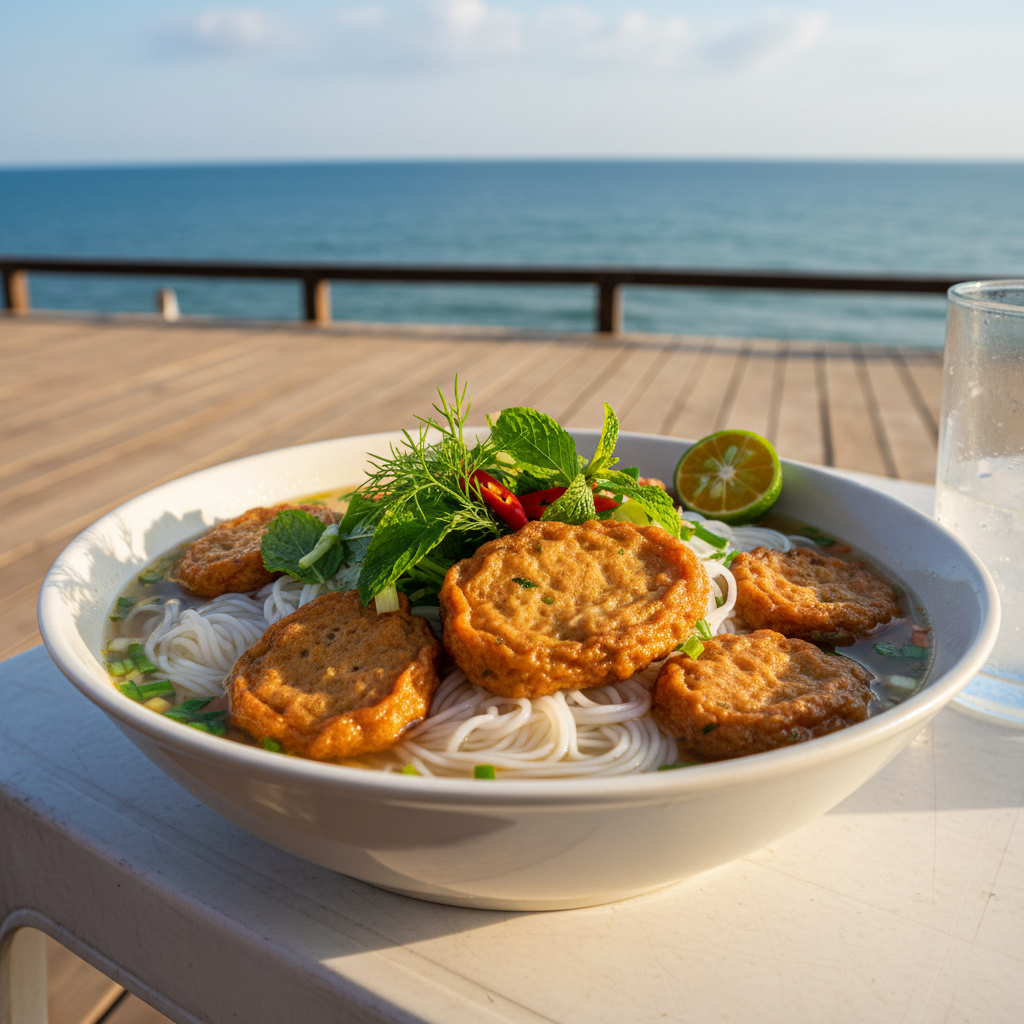 Bowl of bun cha ca Vietnamese fish cake noodle soup with calamansi lime on plastic table near ocean