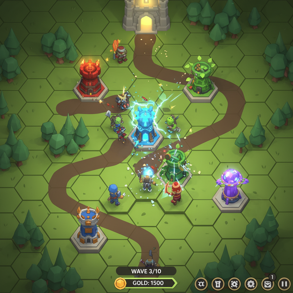 Tower defense strategy game with colorful towers