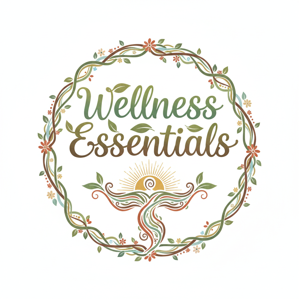Wellness Essentials brand logo with organic design elements