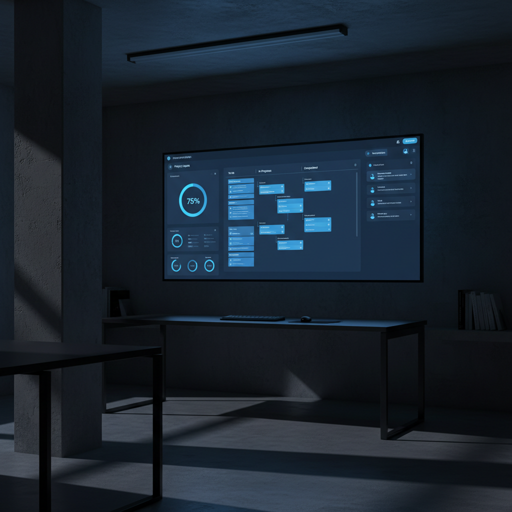 Dark atmospheric workspace with deep shadows, multiple screens with dim blue glow, low-key moody lighting