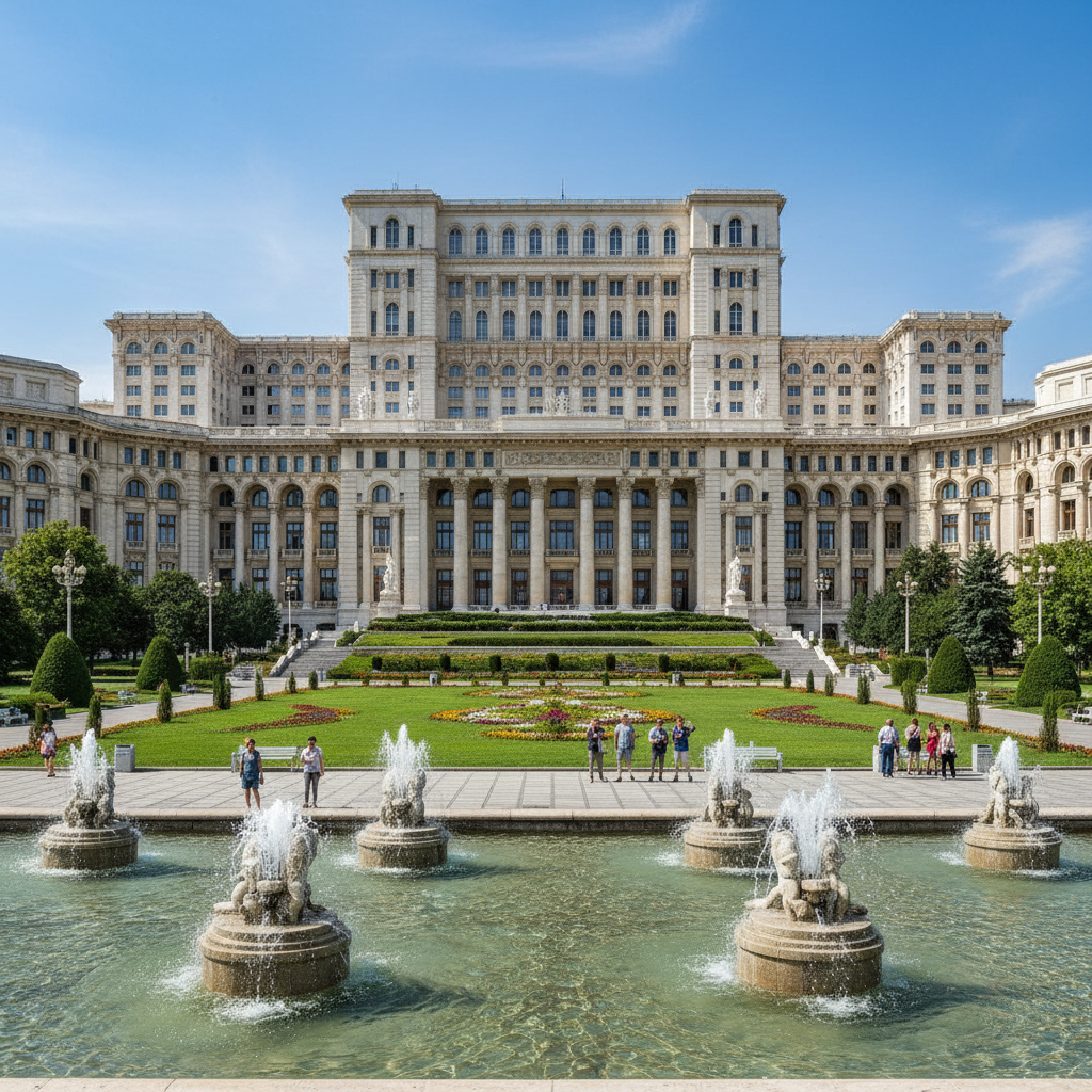 Palace of Parliament in Bucharest with grand architecture and fountains in foreground
