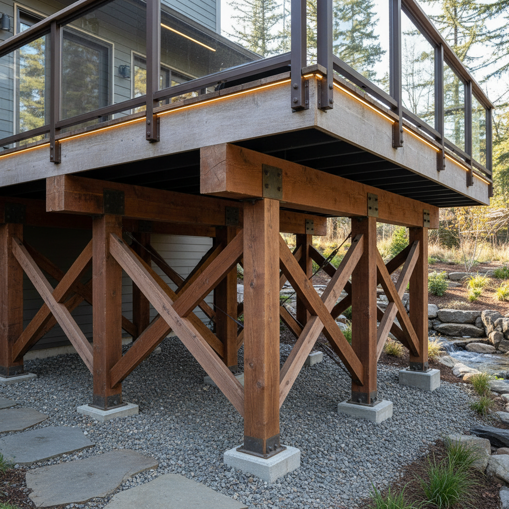 Modern glass panel railing system on an elevated deck with mountain views