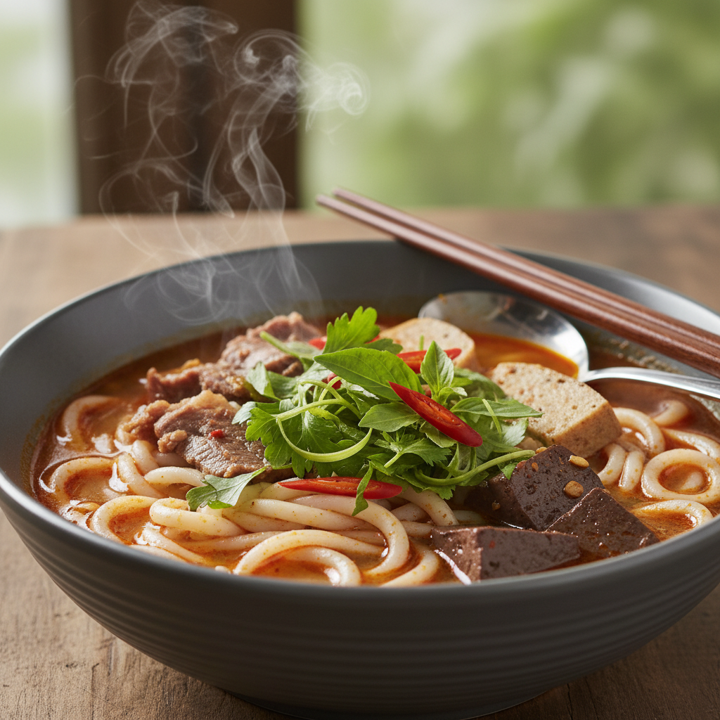 Modern bowl of bun bo hue with thick noodles lemongrass broth and fresh herbs beautifully plated