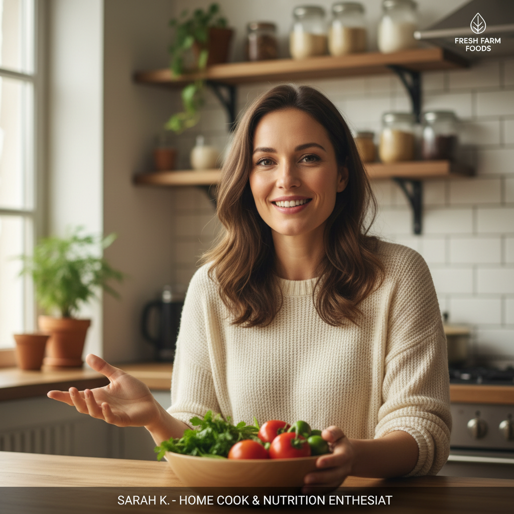 Smiling woman with dark hair in kitchen apron holding fresh vegetables