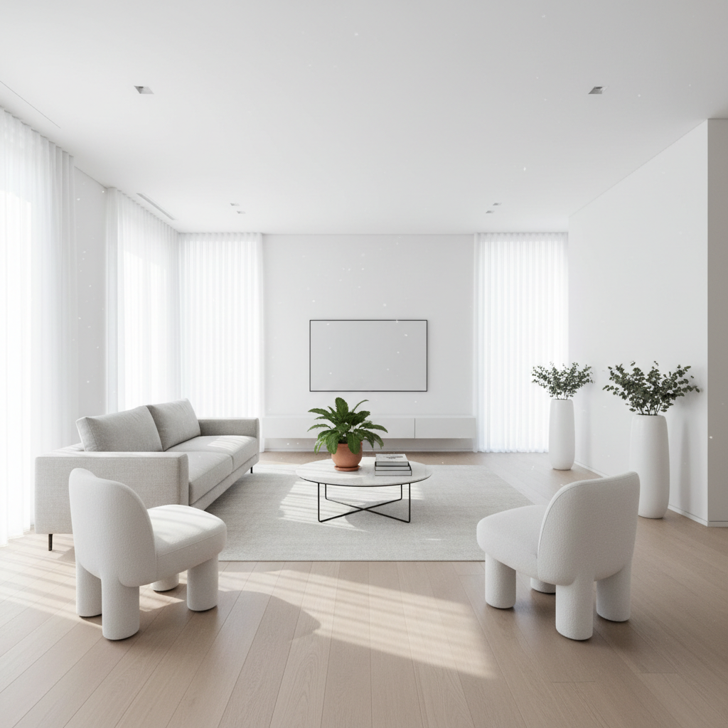 Elegant California home interior with bright natural light, clean white walls, modern furnishings