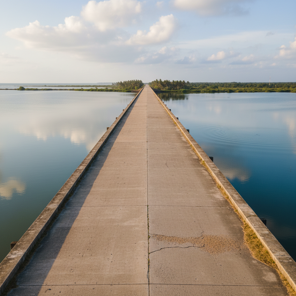 Elephant Pass Kilinochchi Sri Lanka, wide flat causeway connecting Jaffna Peninsula, calm lagoon waters on both sides