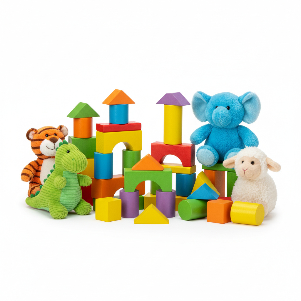Jucării colorate pentru copii inclusiv cuburi și mașinuțe pe fundal alb