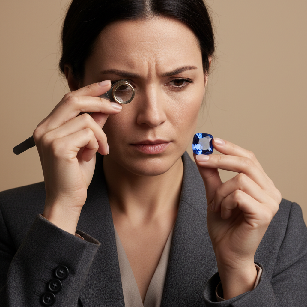 Gemstones being sorted on dark velvet surface, dim moody studio lighting, jeweler examining stones with loupe, atmospheric dark background