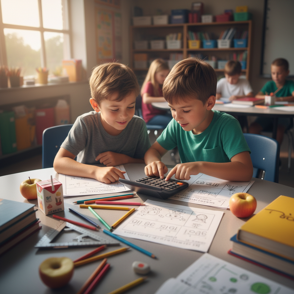 Two elementary school boys sharing a calculator at a lunch table covered in worksheets and pencils