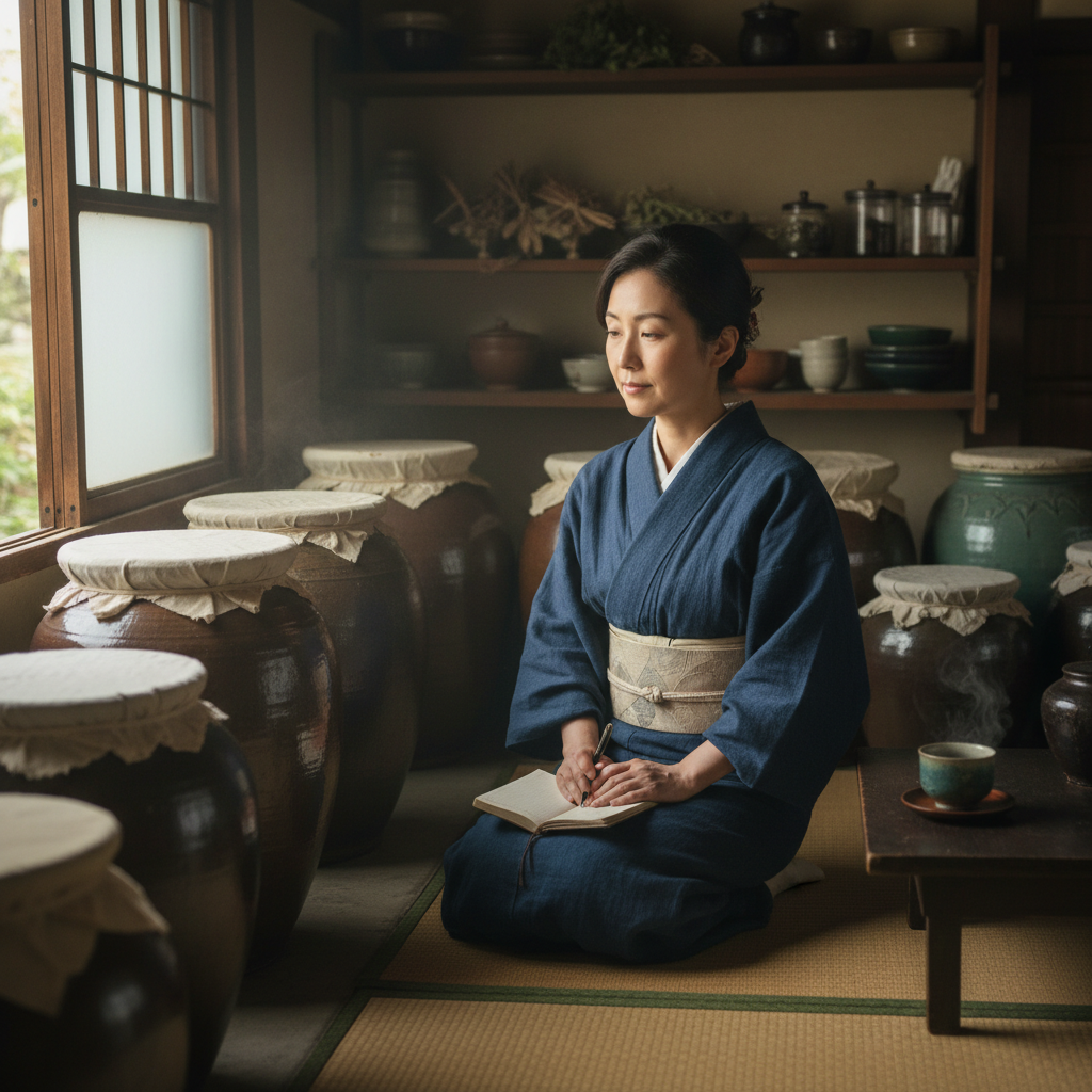Japanese woman writer in a traditional kitchen surrounded by ceramic fermentation vessels