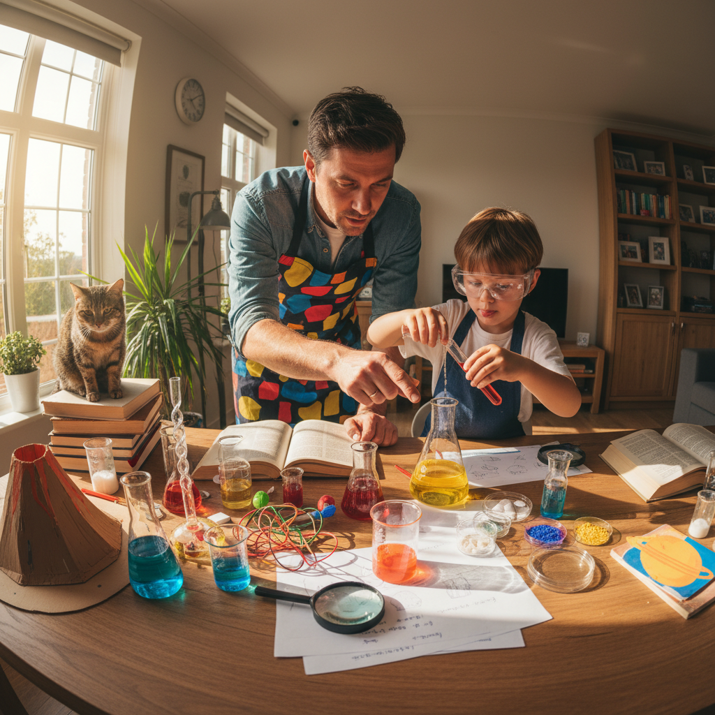 Father and child working together on a science project at home