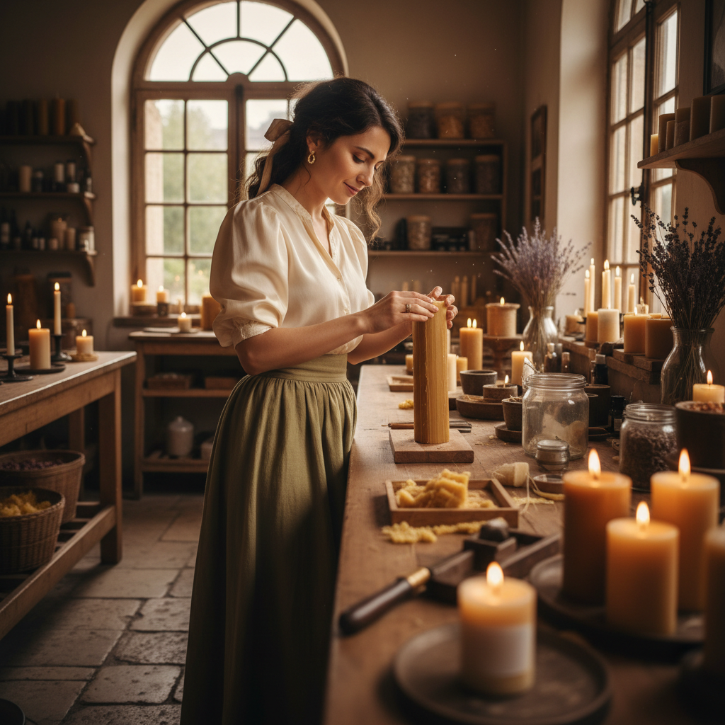 Candle maker Lisa pouring soy wax in bright studio