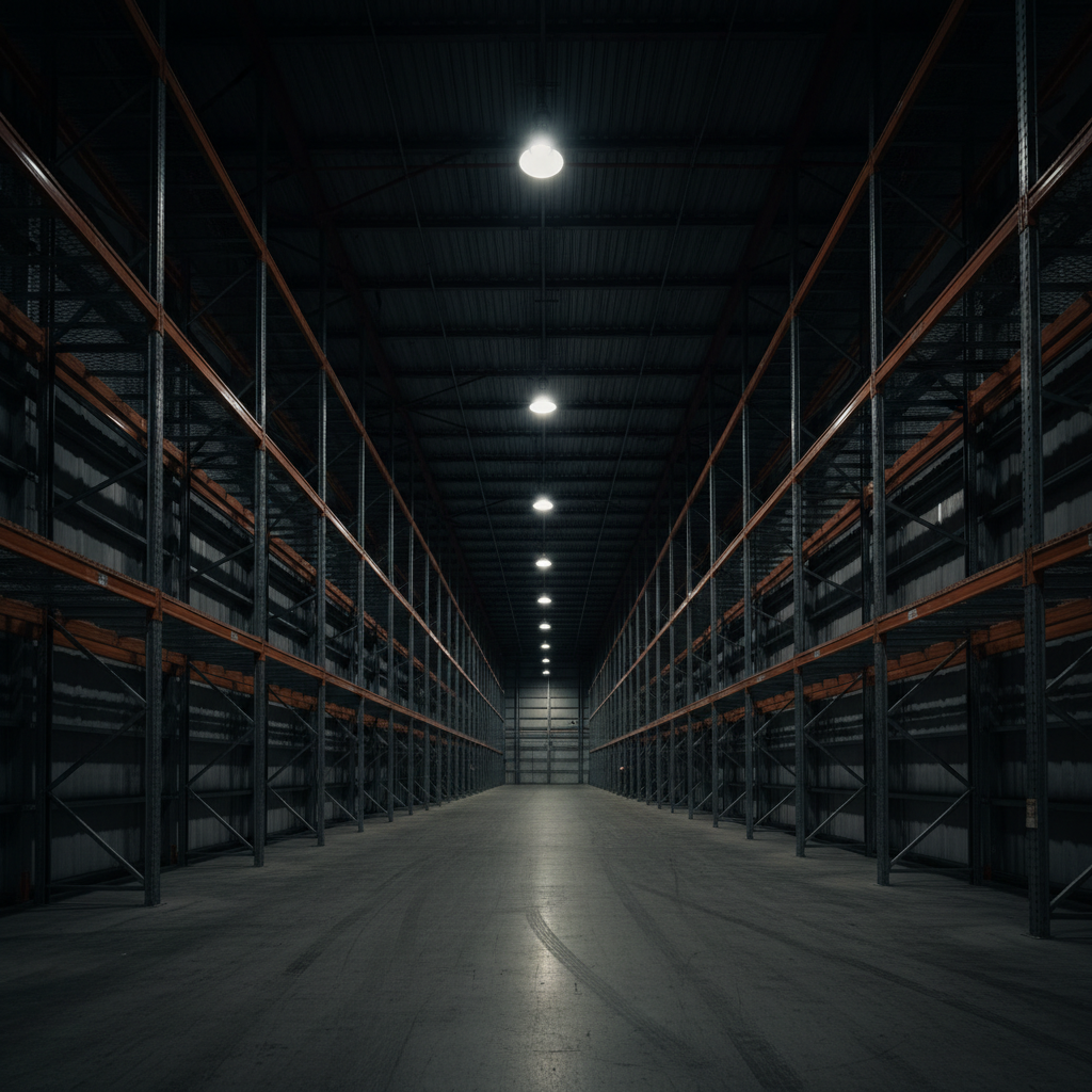 Large modern distribution warehouse interior at dusk, dim overhead lighting, deep shadows, dark steel walls, organized pallet rows in low-key industrial atmosphere