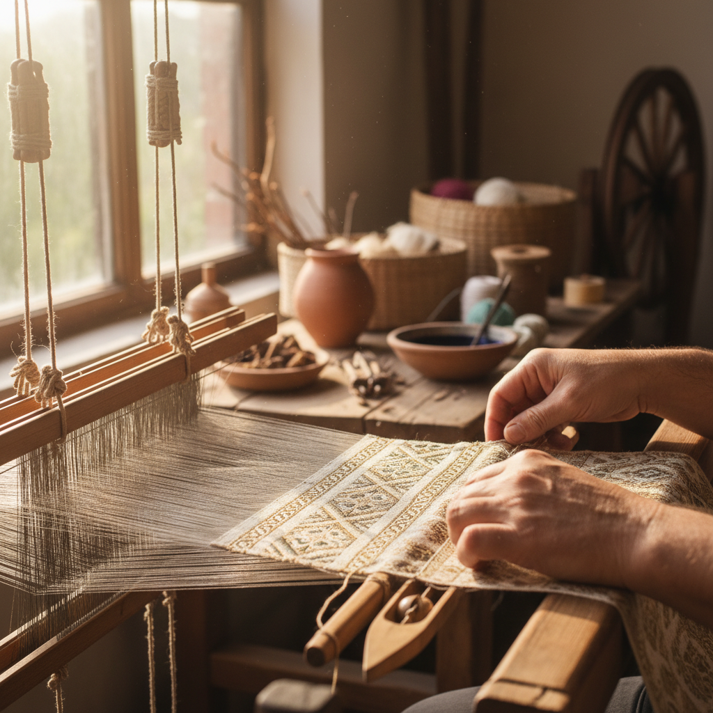 Mains d'artiste tissant des motifs colorés sur métier à tisser traditionnel africain, lumière chaude d'atelier