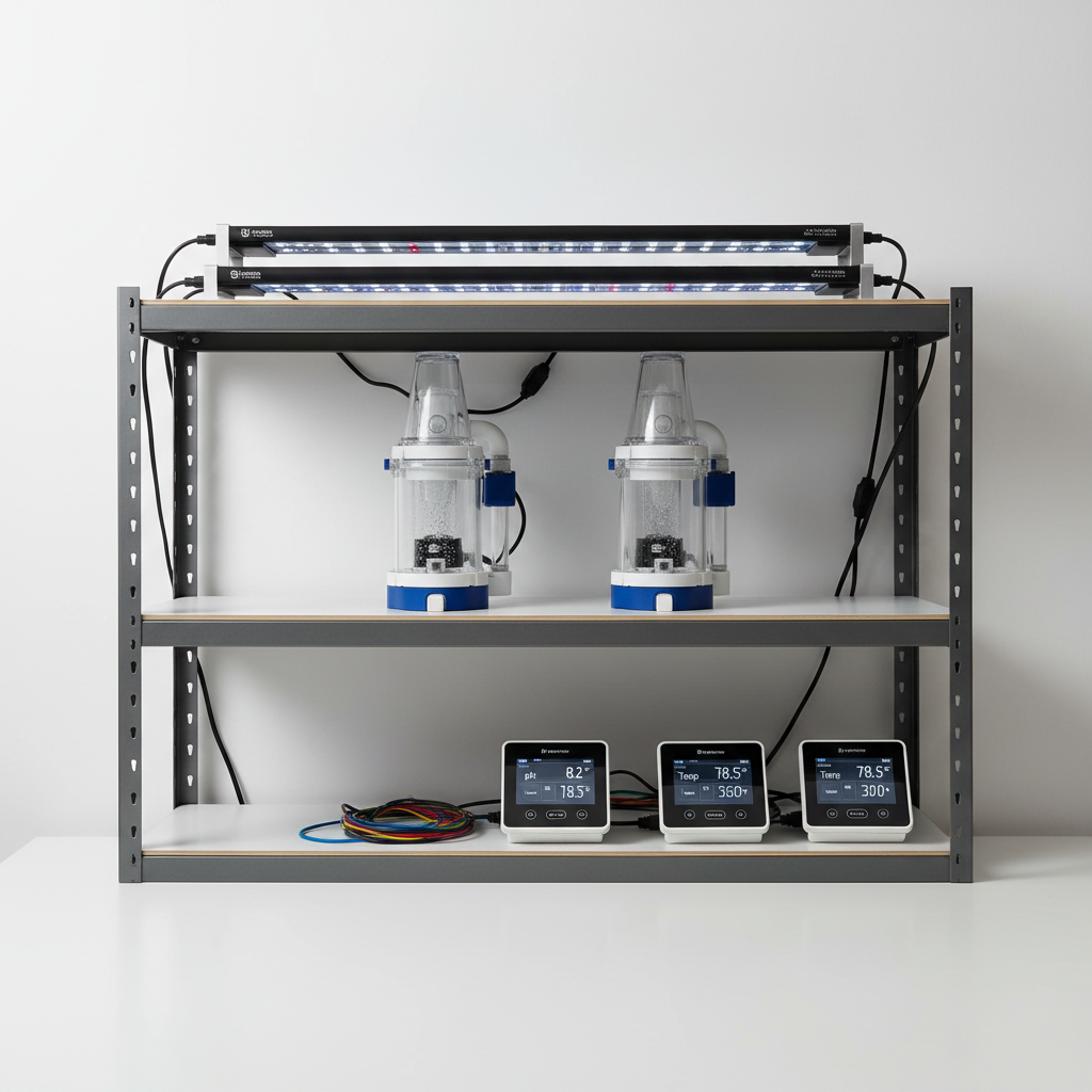 Premium aquarium equipment display with LED light fixtures, protein skimmers, and controllers on shelving