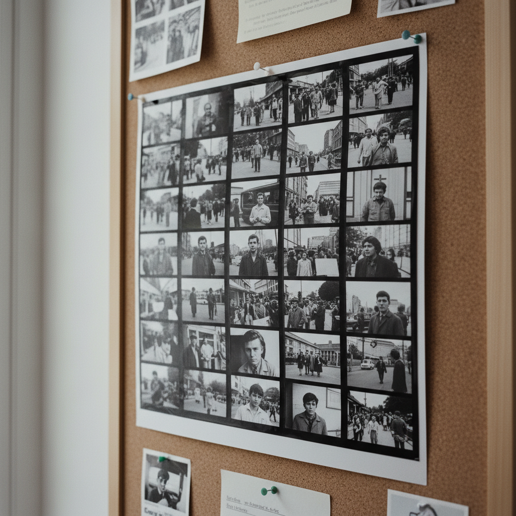 Black and white contact sheet of documentary photographs pinned to a corkboard