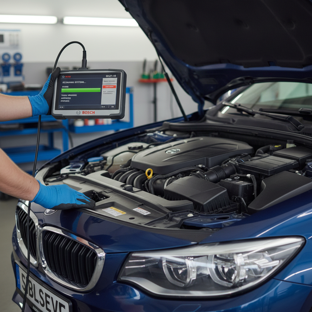 ASE certified mechanic connecting OBD-II diagnostic scanner to vehicle in Phoenix auto shop with professional equipment