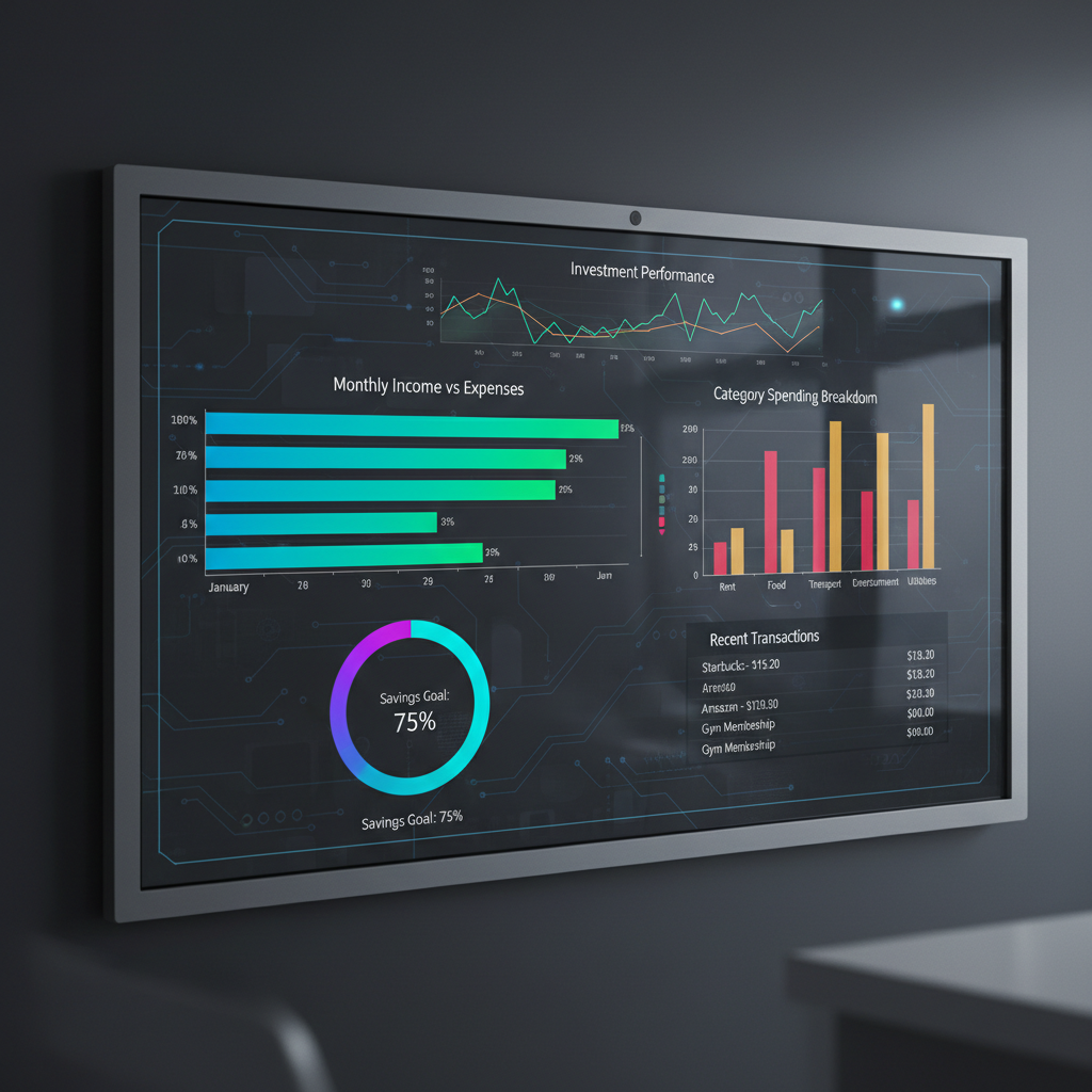 Mobile dashboard showing team statistics with bar charts and progress indicators, dark theme financial app interface