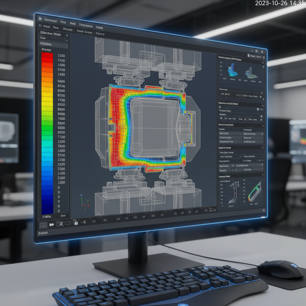 CAD simulation screen showing metal forming analysis with color-coded stress distribution on stamped part geometry