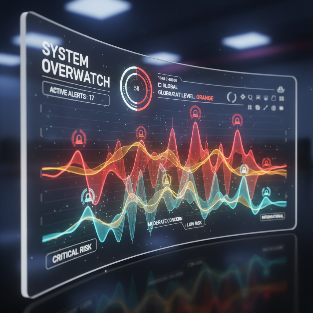 Dashboard showing color-coded risk alerts and notification signals rising like waves