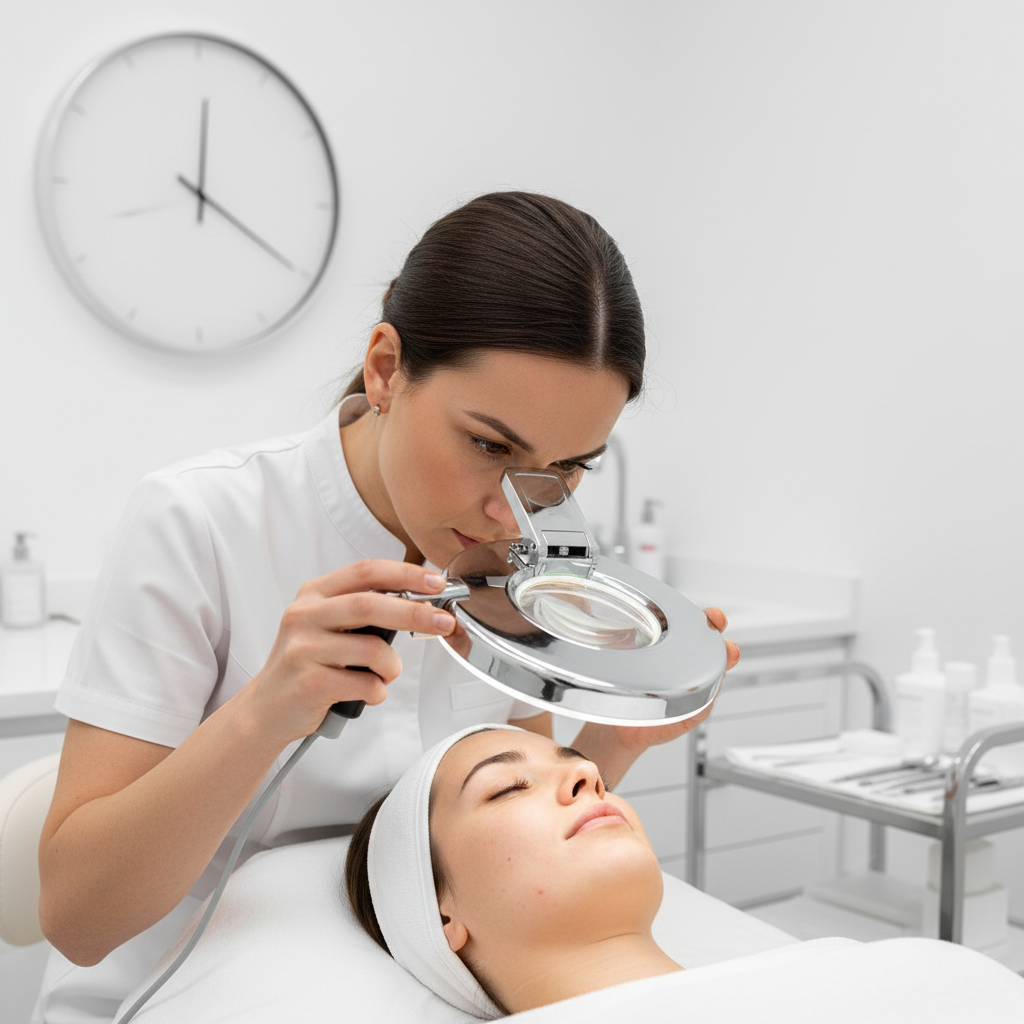 Skincare professional applying gentle treatment product to client in clean well-lit treatment room