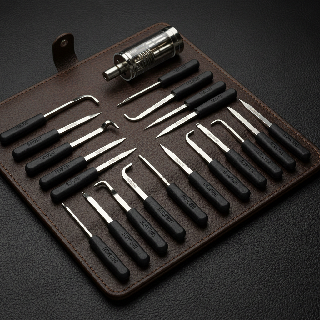 Professional locksmith tools laid out in canvas roll showing picks, extractors and bypass tools