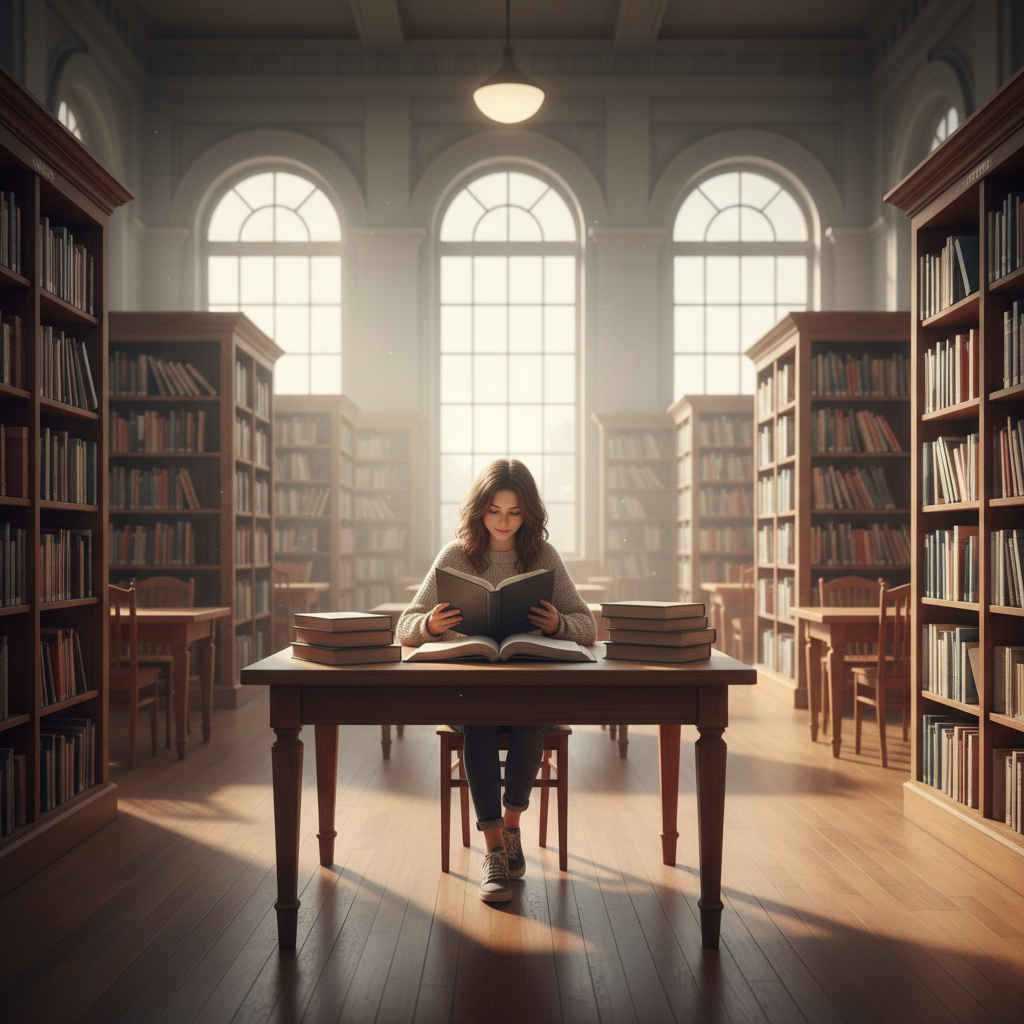 Young girl reading book in school library, soft afternoon sunlight streaming through windows