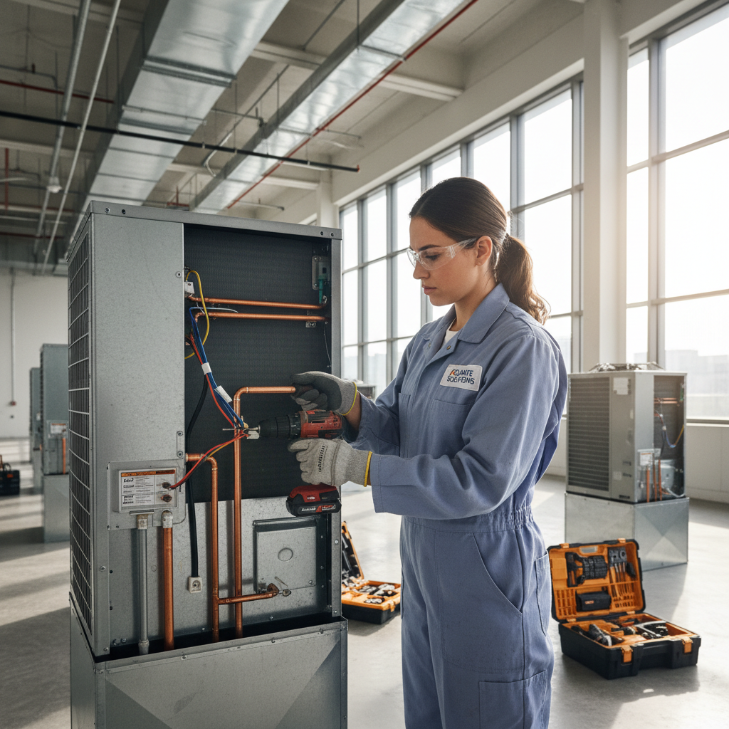 Professional female HVAC technician in work uniform smiling