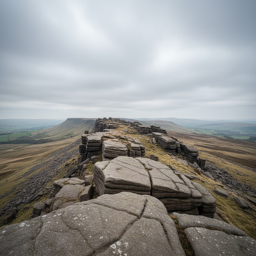 Dramatic rocky plateau of Kinder Scout in the Dark Peak with exposed ridgeline