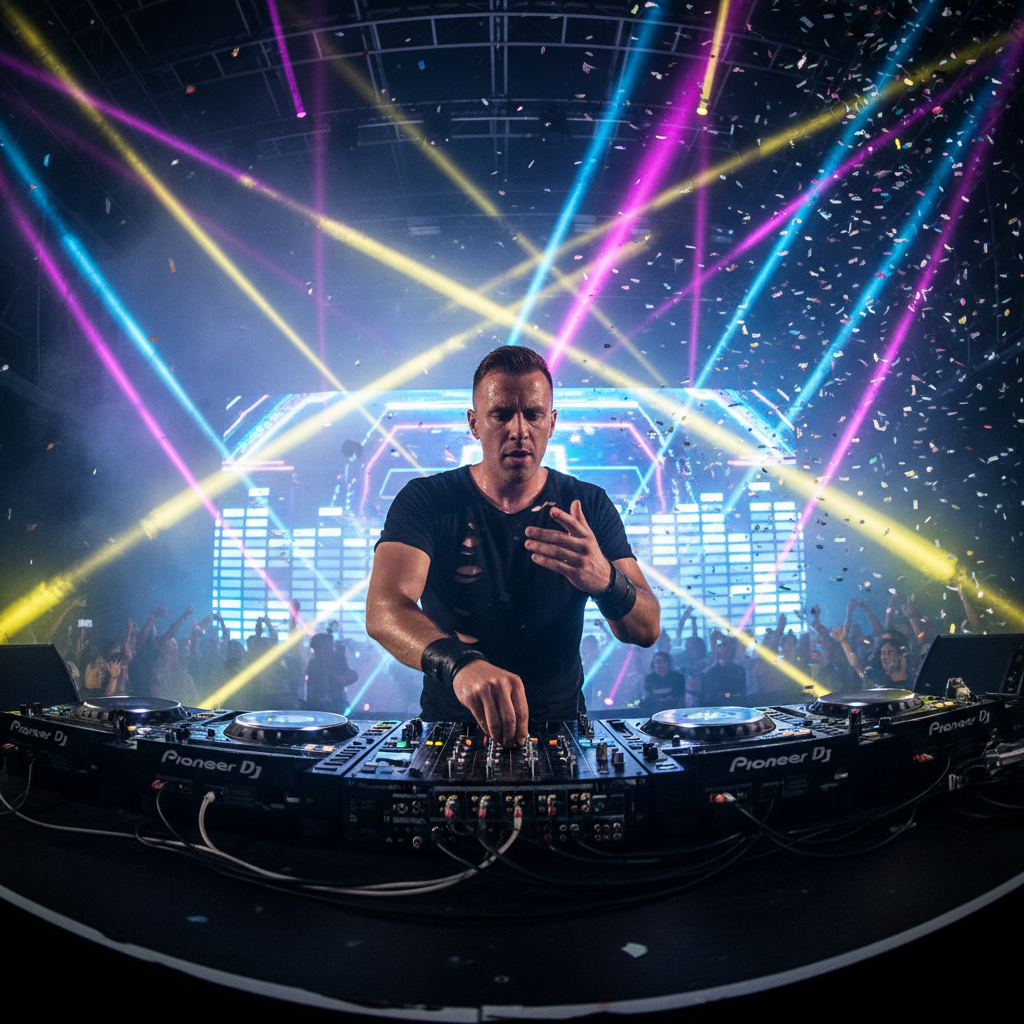 Intense male DJ Storm with dramatic stage lighting performing hard techno