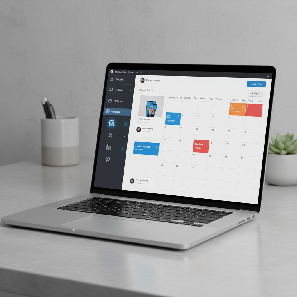 Social media scheduling dashboard with post calendar, platform icons and content queue management interface