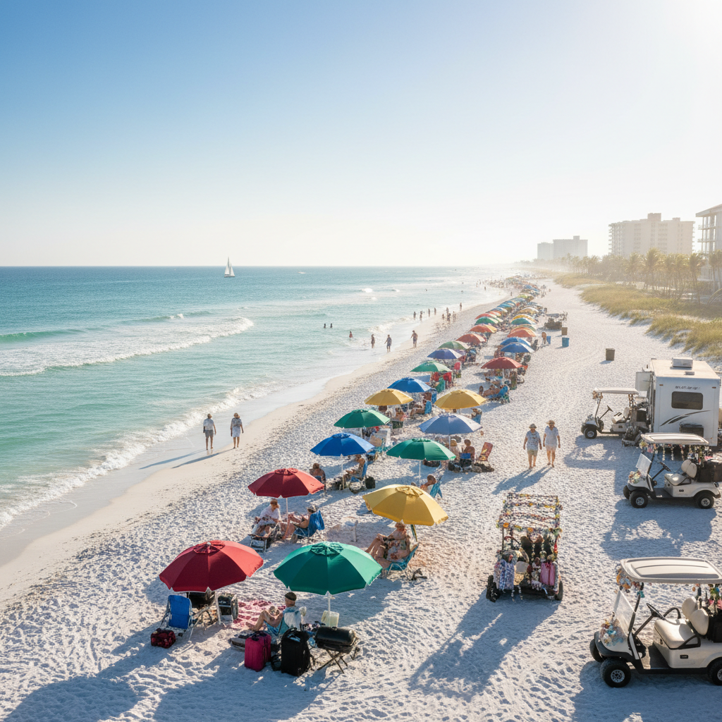 Colorful casual clothing on bright display, warm sunny retail atmosphere, Florida lifestyle apparel