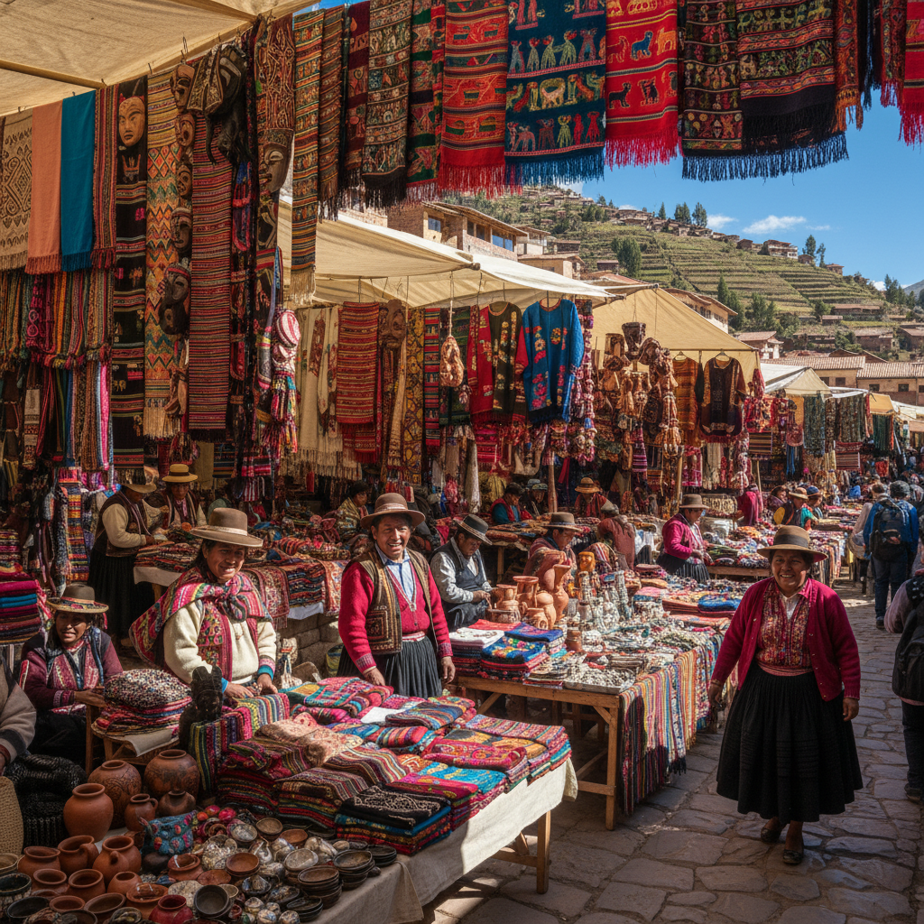 Feria artesanal de la Semana de Cajamarca con puestos de textiles coloridos y artesanías tradicionales andinas