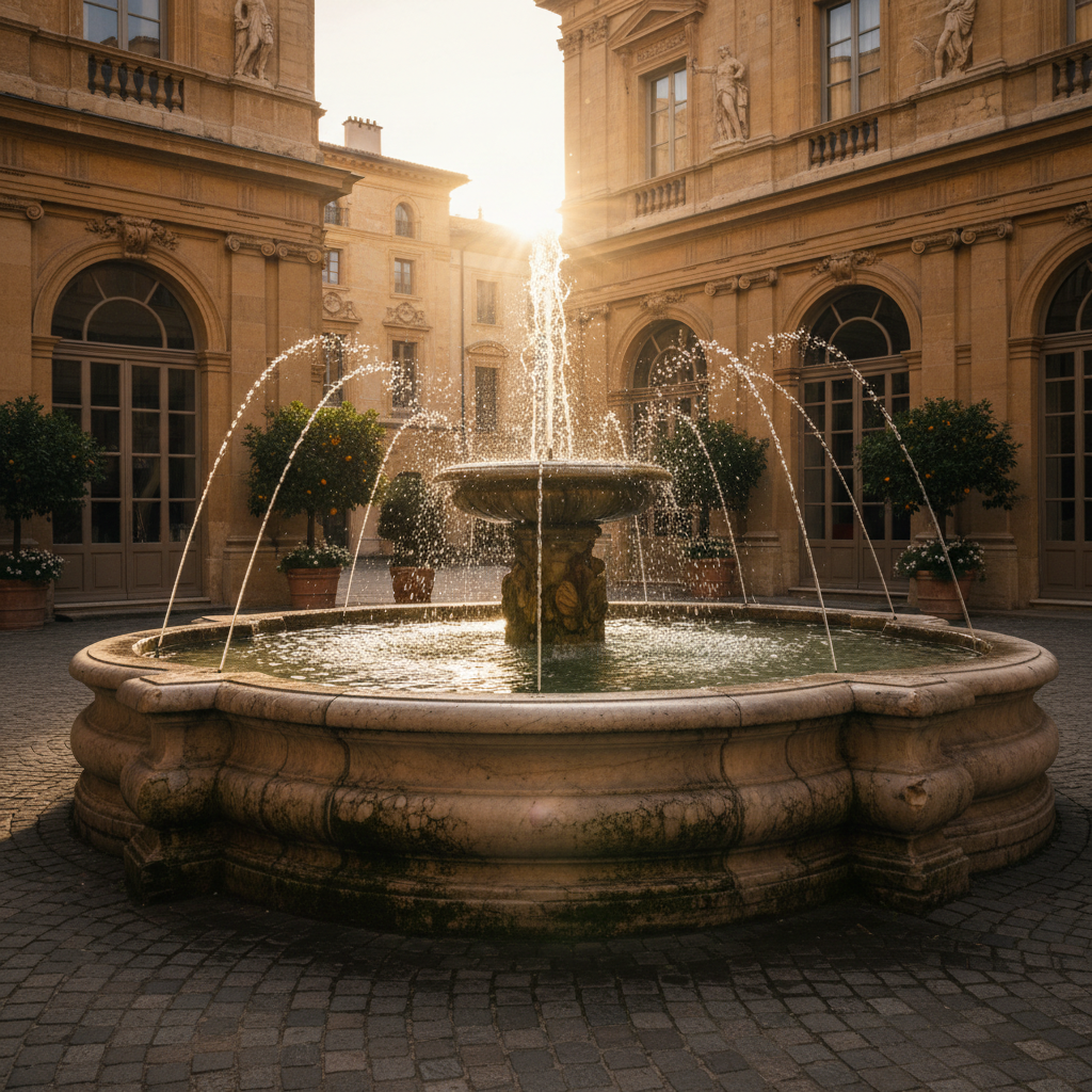 Courtyard fountain caught mid-arc in luxury residential complex