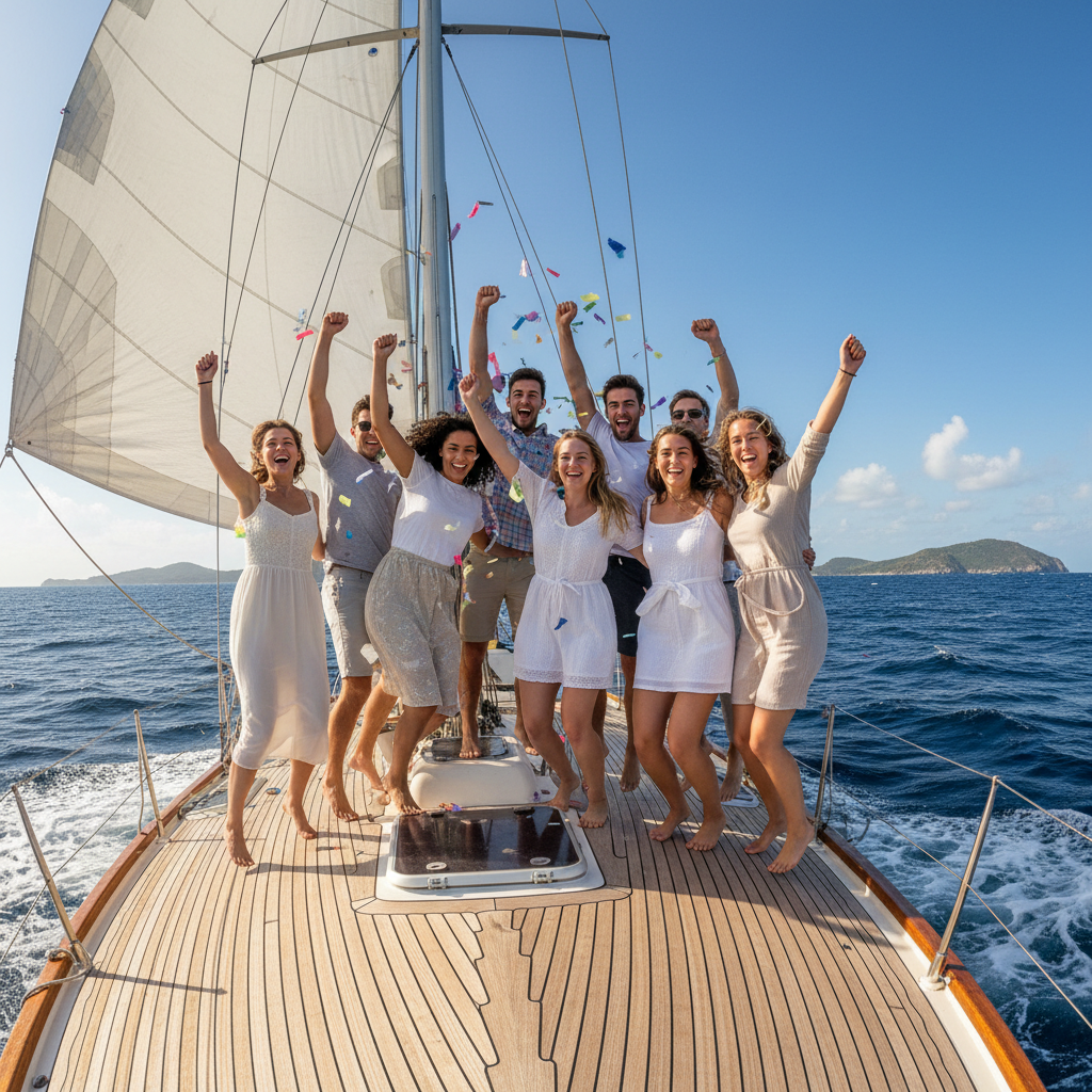 Group of students celebrating on deck as sailboat heels in fresh breeze