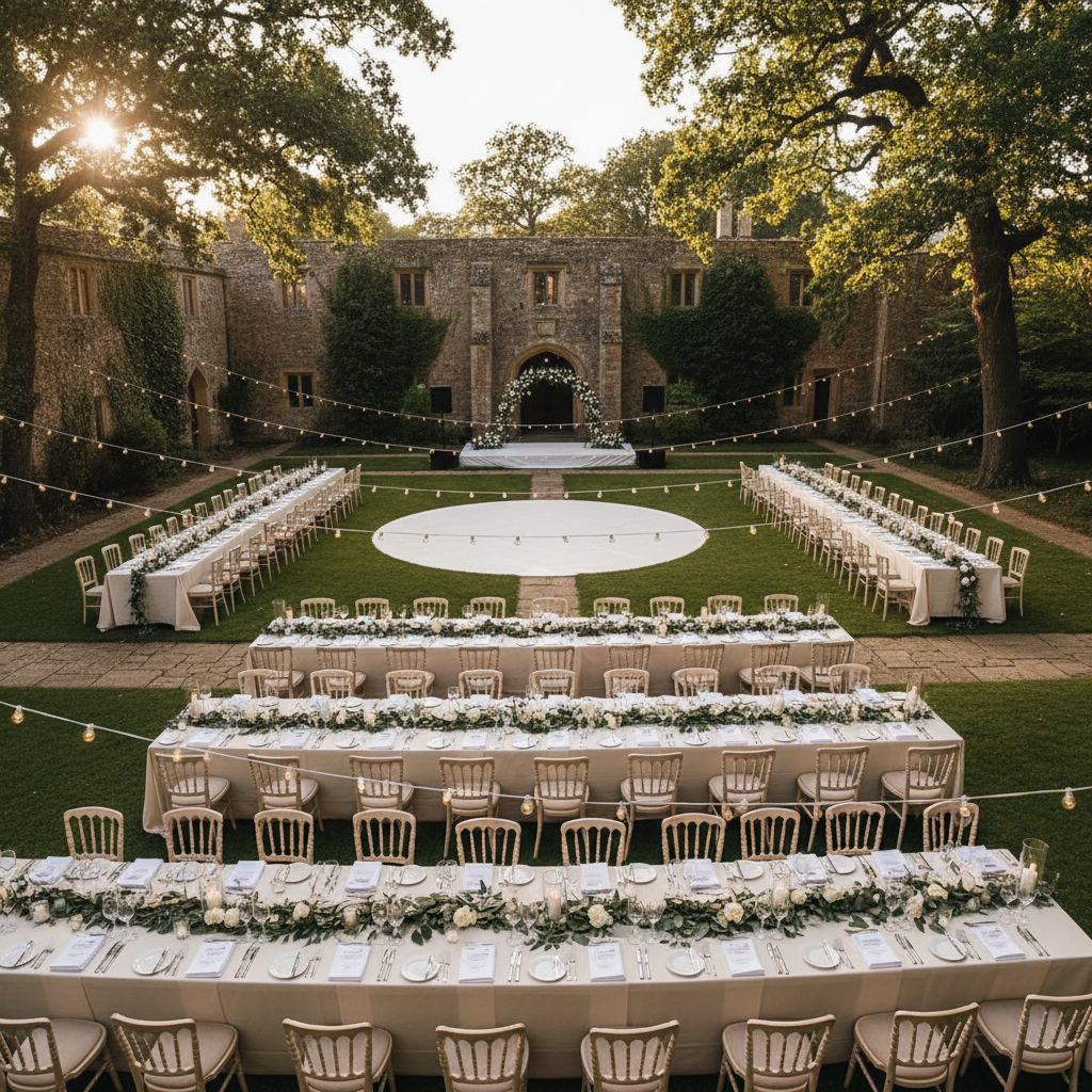 Stone walled manor garden set for 210 person wedding reception with long banquet tables