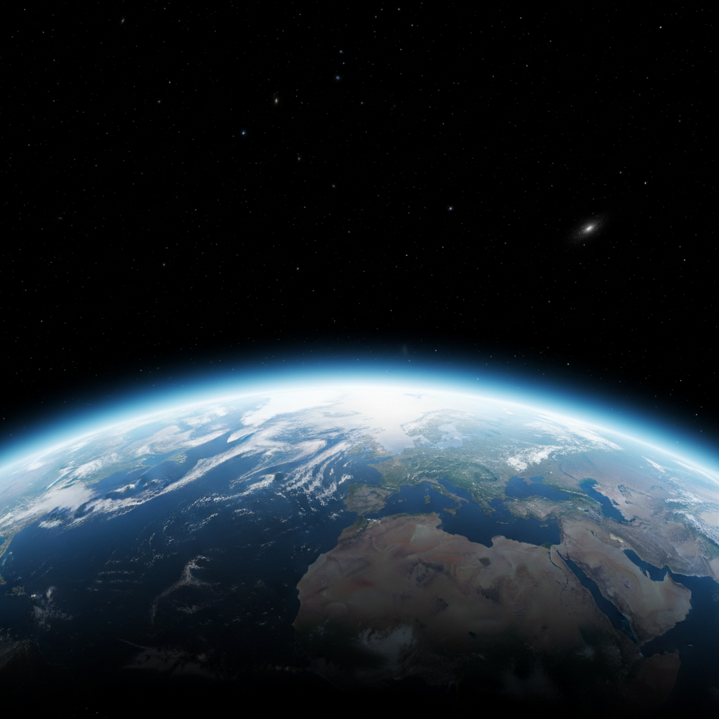 Earth's limb curving against black space, thin blue atmosphere glowing, shot from 80km altitude