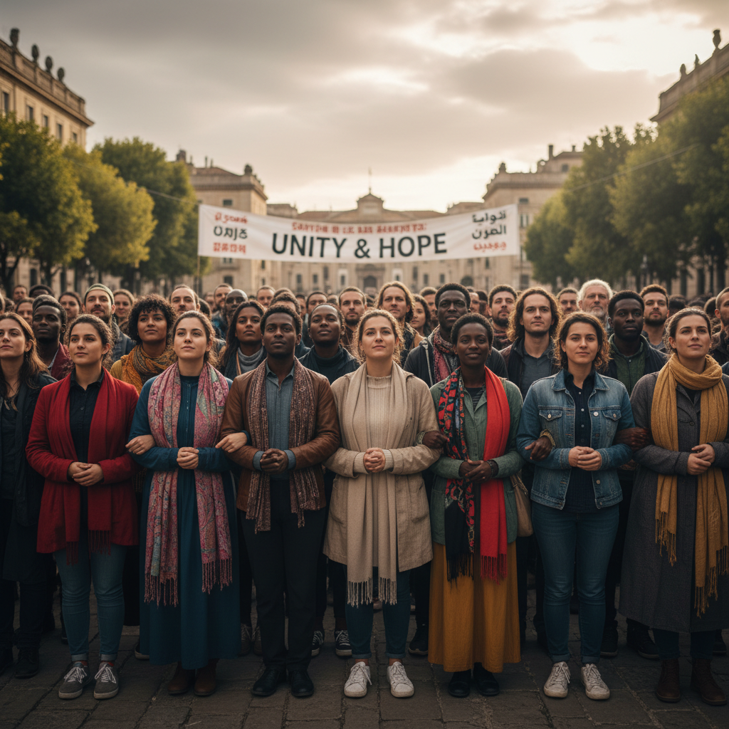 Diverse group of people standing together in unity, representing community empowerment, growth and transformation