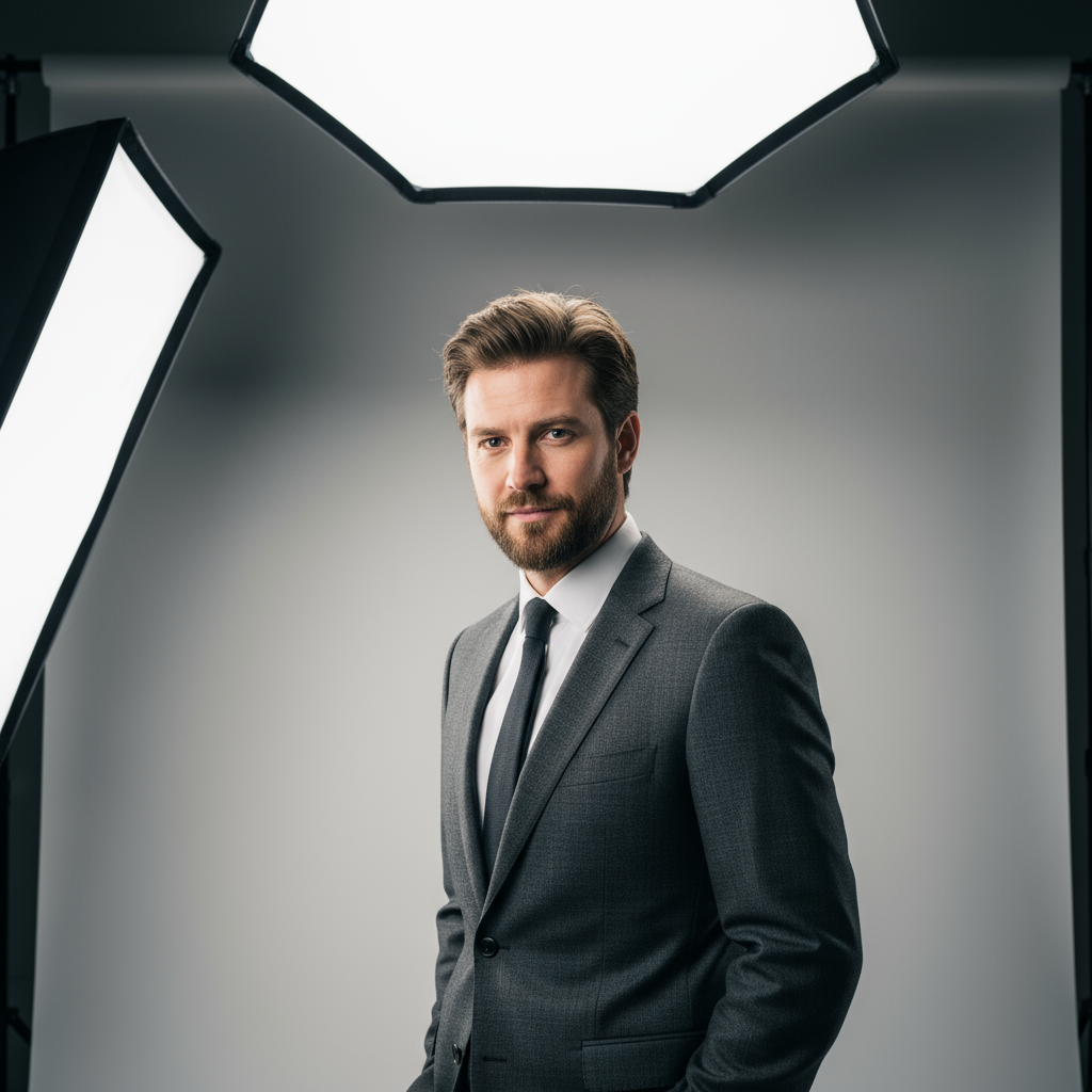 Caucasian man with brown beard wearing black shirt in audio production studio