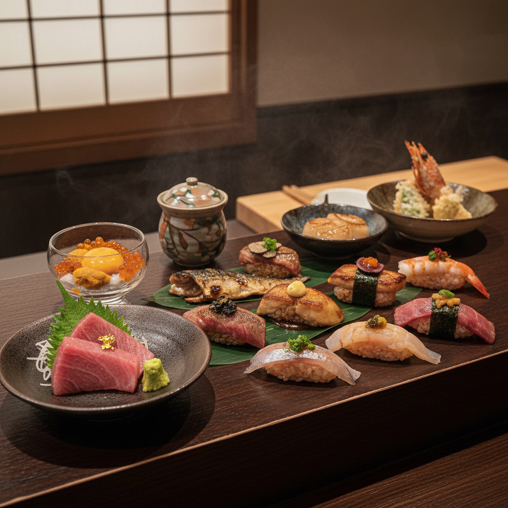 Fresh sashimi-grade fish and Japanese condiments for an omakase-style meal kit